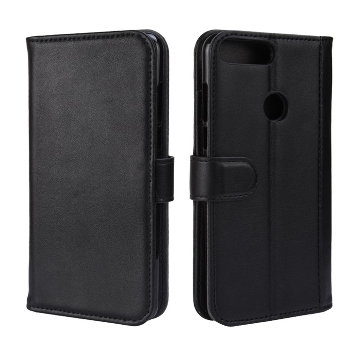 Genuine Split Leather Wallet Flip Stand Case Accessory for Huawei Honor 7C / Enjoy 8 - Black-2