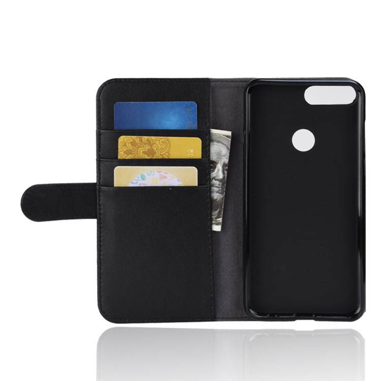 Genuine Split Leather Wallet Flip Stand Case Accessory for Huawei Honor 7C / Enjoy 8 - Black-5