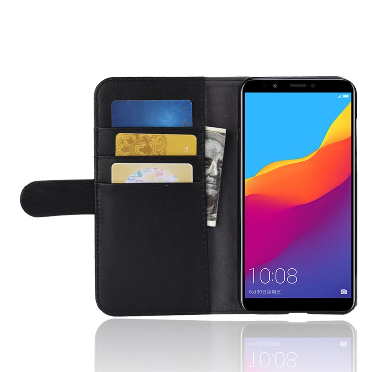 Genuine Split Leather Wallet Flip Stand Case Accessory for Huawei Honor 7C / Enjoy 8 - Black-6