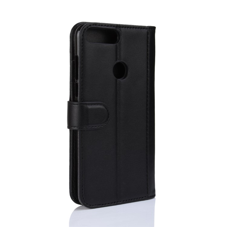 Genuine Split Leather Wallet Flip Stand Case Accessory for Huawei Honor 7C / Enjoy 8 - Black-8