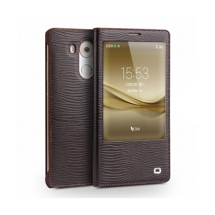 QIALINO for Huawei Mate 8 Lizard Texture Smart View Genuine Leather Case - Brown-1