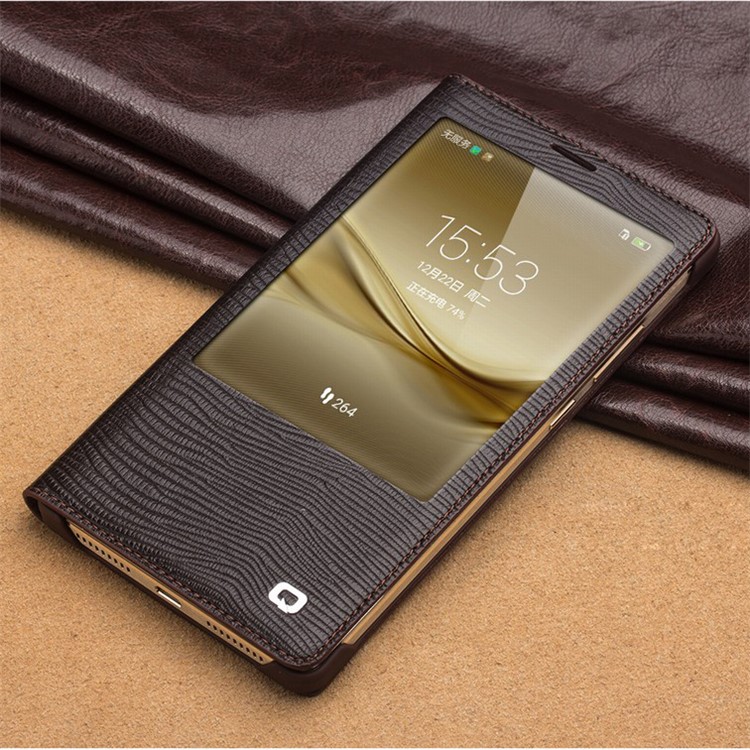QIALINO for Huawei Mate 8 Lizard Texture Smart View Genuine Leather Case - Brown-2