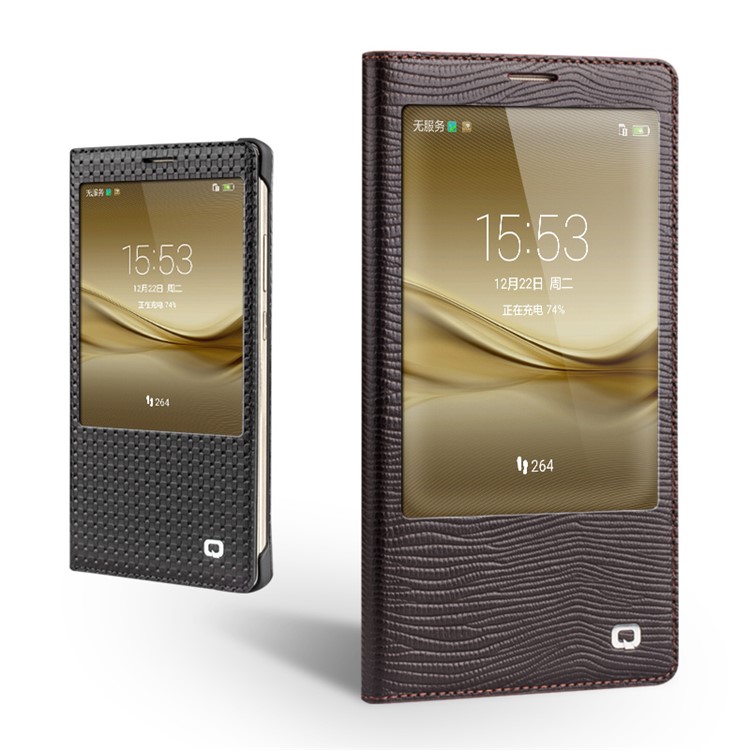 QIALINO for Huawei Mate 8 Lizard Texture Smart View Genuine Leather Case - Brown-3