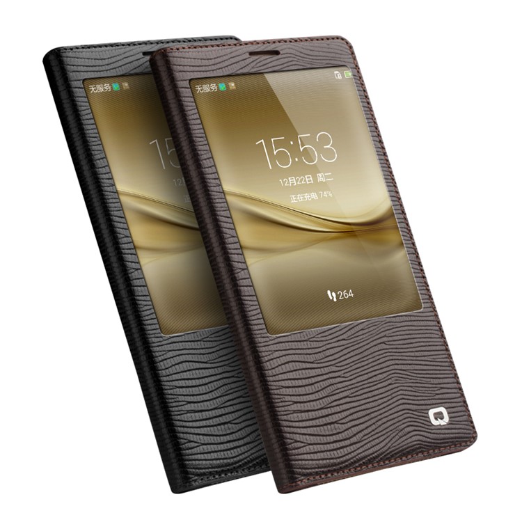 QIALINO for Huawei Mate 8 Lizard Texture Smart View Genuine Leather Case - Brown-4