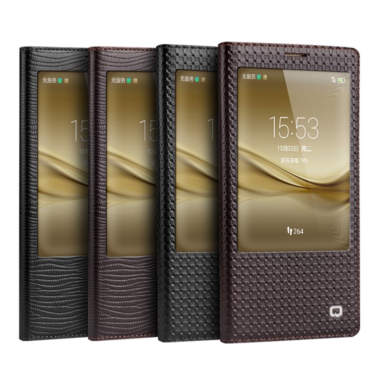 QIALINO for Huawei Mate 8 Lizard Texture Smart View Genuine Leather Case - Brown-5