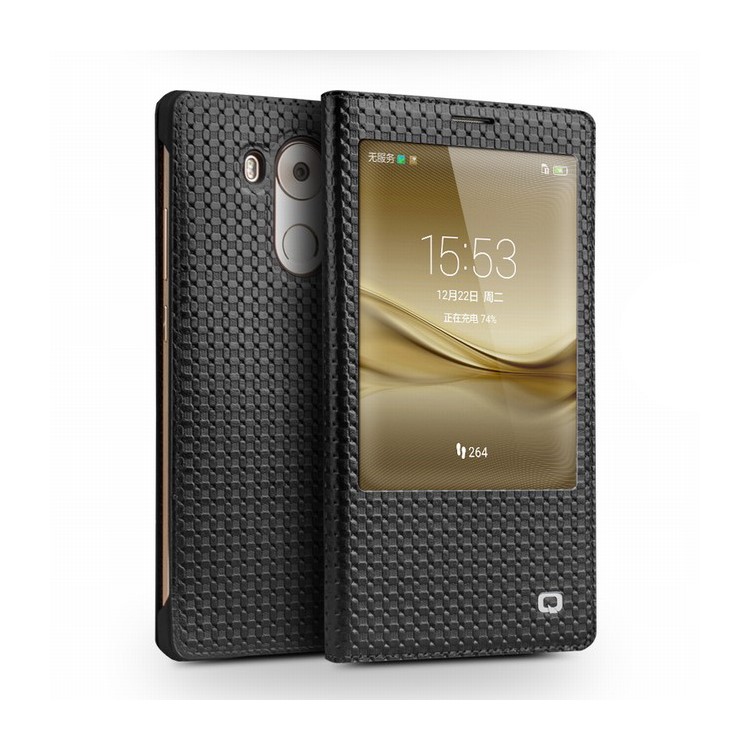 QIALINO Grid Smart Genuine Leather Window Cover for Huawei Ascend Mate8 - Black-1