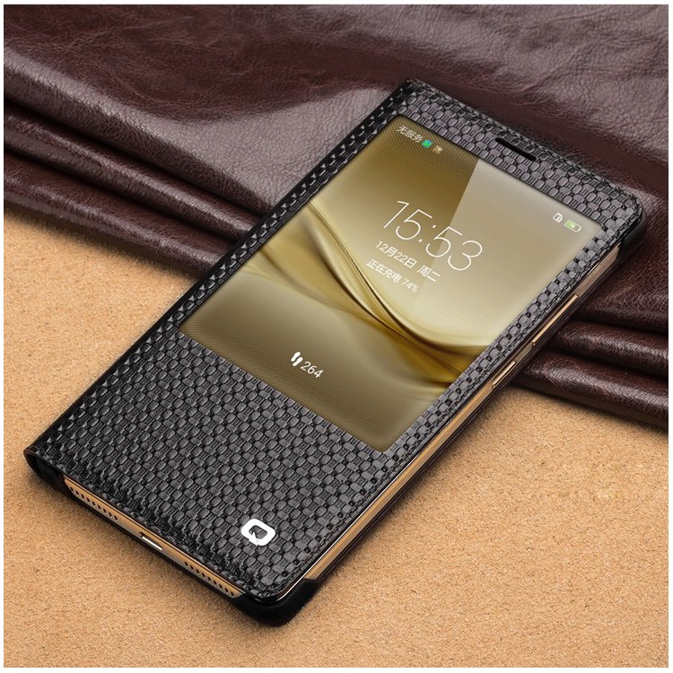 QIALINO Grid Smart Genuine Leather Window Cover for Huawei Ascend Mate8 - Black-3