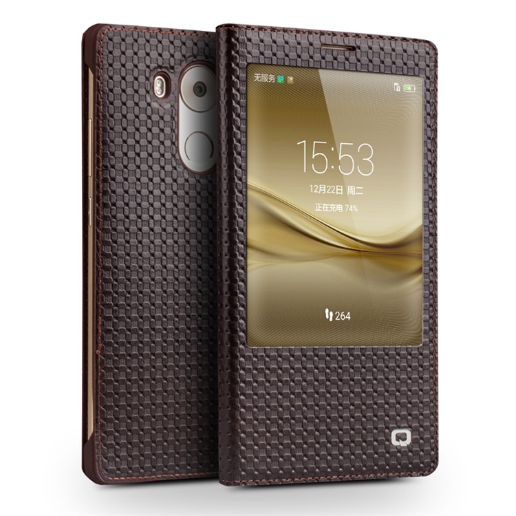 QIALINO Grid Smart Genuine Leather Window Case for Huawei Ascend Mate8 - Brown-1