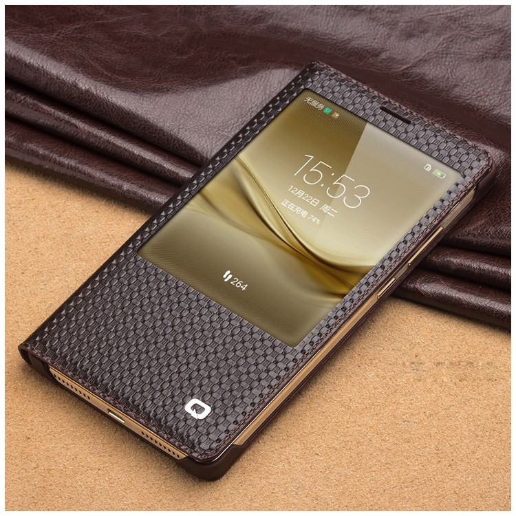 QIALINO Grid Smart Genuine Leather Window Case for Huawei Ascend Mate8 - Brown-2