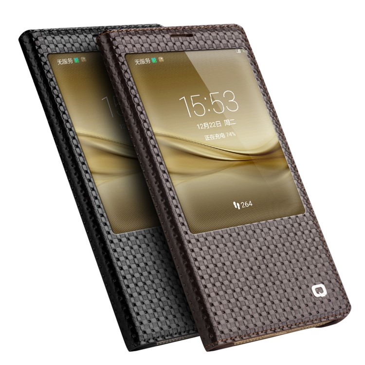 QIALINO Grid Smart Genuine Leather Window Case for Huawei Ascend Mate8 - Brown-3