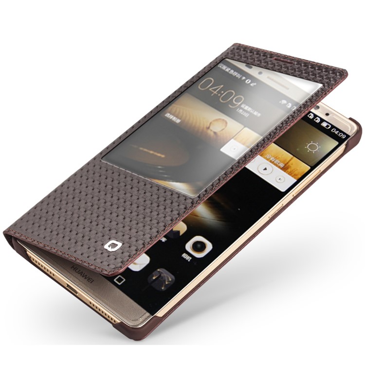 QIALINO Grid Smart Genuine Leather Window Case for Huawei Ascend Mate8 - Brown-4