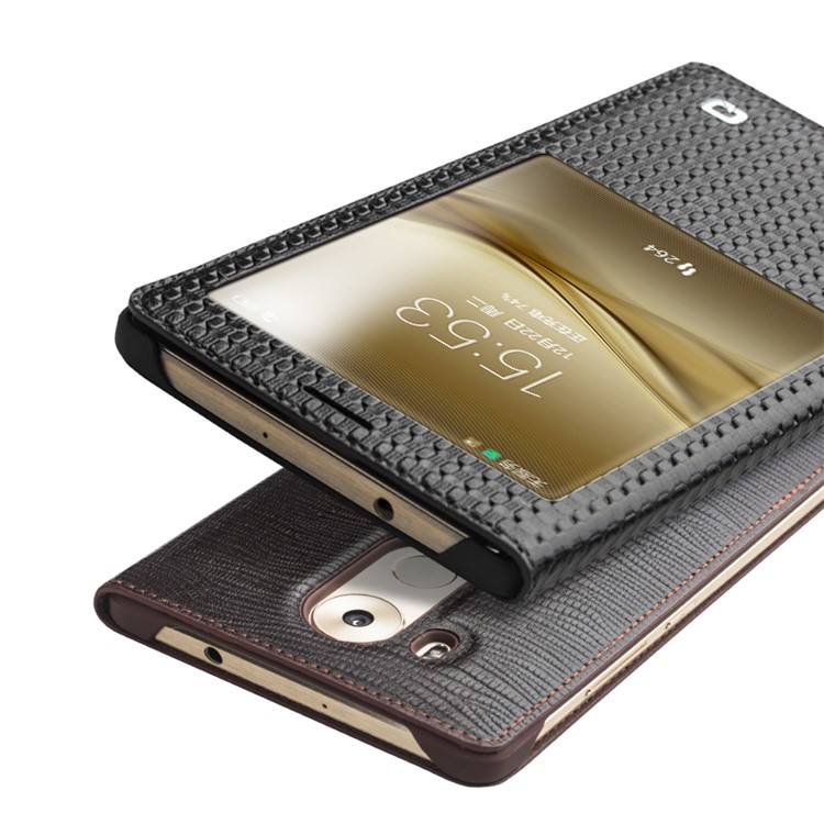 QIALINO Grid Smart Genuine Leather Window Case for Huawei Ascend Mate8 - Brown-5