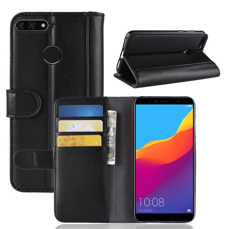 Cáscara Auténtica Del Teléfono De La Cartera De Cuero Partido Con Soporte Para Huawei Honor 7a (con Sensor De Huellas Dactilares) / Honor 7A Pro / Enjoy 8e - Negro-1