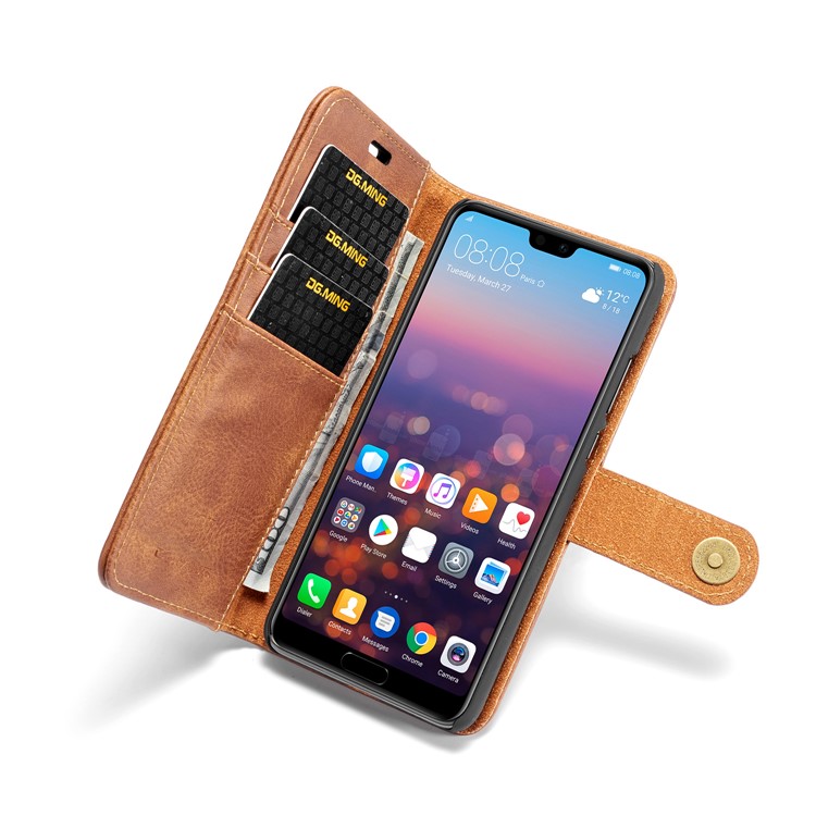 Dg. Ming Pour Huawei P20 Protection Téléphone Détachable 2 po en 1 Coquette à Feuilles de Choc en Cuir Avec Portefeuille - Brun