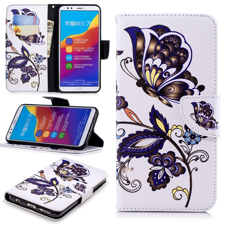 Carteira De Couro Estampado Stand Caso Acessório Do Telefone Para Huawei Honor 7C / Aproveite O 8 / Y7 Prime (2018) - Borboleta E Flor-1