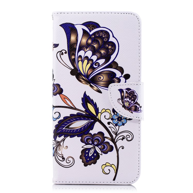 Carteira De Couro Estampado Stand Caso Acessório Do Telefone Para Huawei Honor 7C / Aproveite O 8 / Y7 Prime (2018) - Borboleta E Flor-2