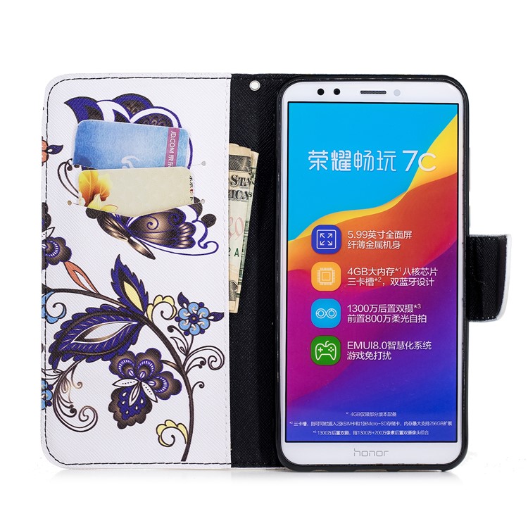 Carteira De Couro Estampado Stand Caso Acessório Do Telefone Para Huawei Honor 7C / Aproveite O 8 / Y7 Prime (2018) - Borboleta E Flor-4