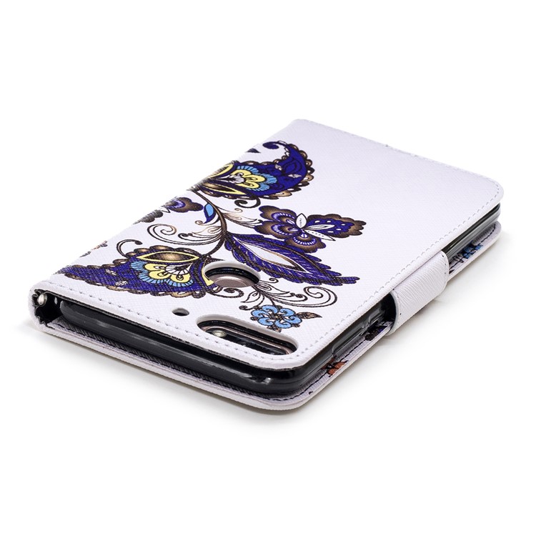 Carteira De Couro Estampado Stand Caso Acessório Do Telefone Para Huawei Honor 7C / Aproveite O 8 / Y7 Prime (2018) - Borboleta E Flor-6