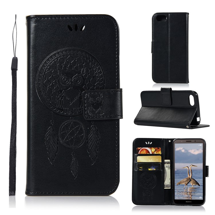 Imprint Owl Dream Catcher Wallet Stand Leather Case for Huawei Y5 (2018) / Y5 Prime (2018) - Black-1