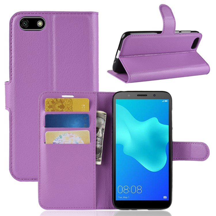 Litchi Skin Leather Wallet Shell Case for Huawei Y5 Prime (2018) / Y5 (2018) - Purple-1