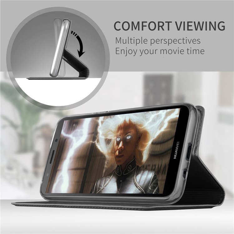 Auto-absorbed Leather Card Holder Case with Stand for Huawei Y5 (2018) / Y5 Prime (2018) / Honor 7C - Black-3
