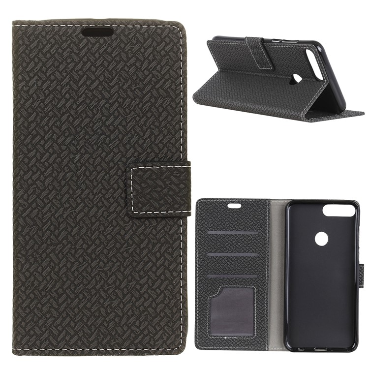 Woven Texture Wallet Stand Leather Phone Case for Huawei Honor 9i (2018) 5.84-inch - Black-1