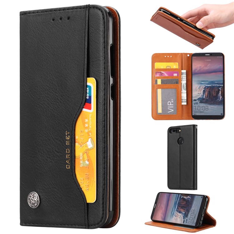 Auto-absorbed Wallet Stand Leather Shell for Huawei Honor 9i (2018) 5.84-inch - Black-1