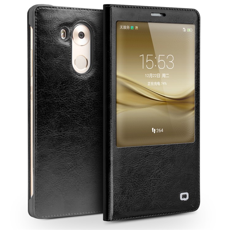 QIALINO Genuine Leather Smart Window Case for Huawei Ascend Mate8 - Black-1