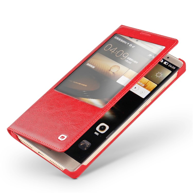 QIALINO Genuine Leather Smart View Cover for Huawei Mate 8 - Red-4