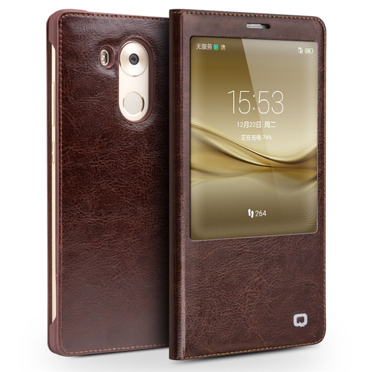 QIALINO Genuine Leather Smart Window View Case for Huawei Mate 8 - Brown-1