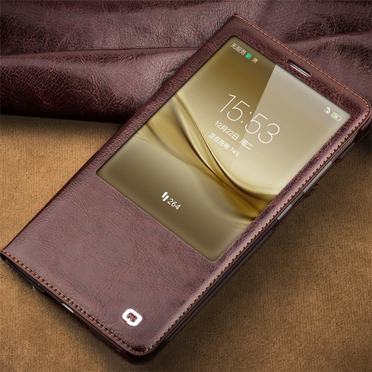 QIALINO Genuine Leather Smart Window View Case for Huawei Mate 8 - Brown-3