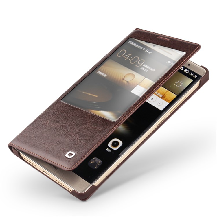QIALINO Genuine Leather Smart Window View Case for Huawei Mate 8 - Brown-4