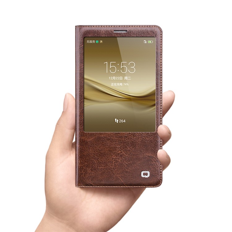 QIALINO Genuine Leather Smart Window View Case for Huawei Mate 8 - Brown-6
