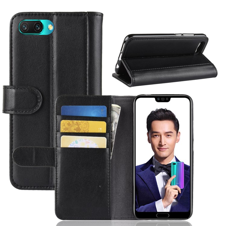 For Huawei Honor 10 Wallet Genuine Split Leather Flip Stand Case - Black-1