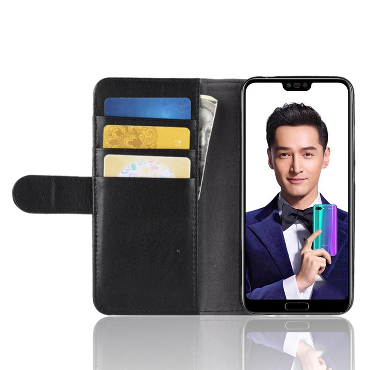For Huawei Honor 10 Wallet Genuine Split Leather Flip Stand Case - Black-6
