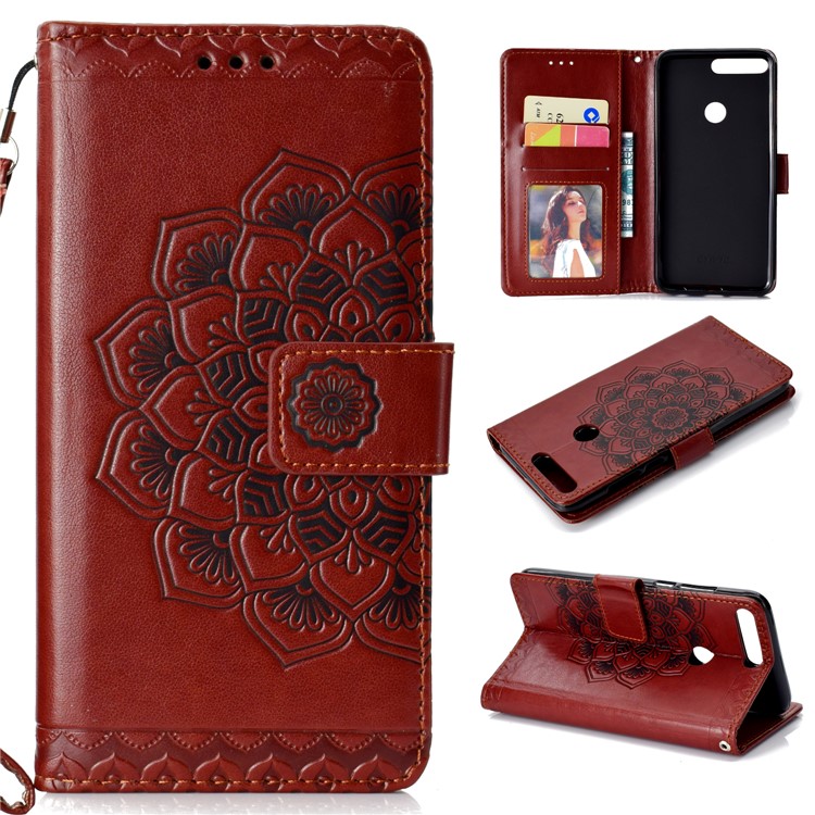 Imprint Mandala Pattern PU Leather Cell Phone Cover with Card Slots for Huawei Honor 7C / Enjoy 8 - Brown-1