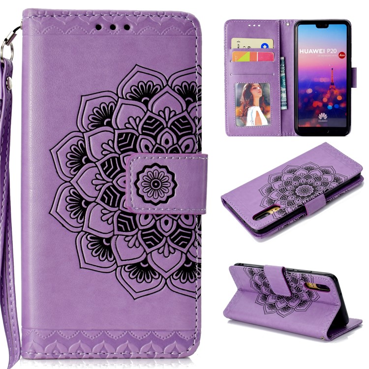 Imprint Mandala Pattern Stand Leather Cell Phone Case with Card Slots for Huawei P20 - Purple-1
