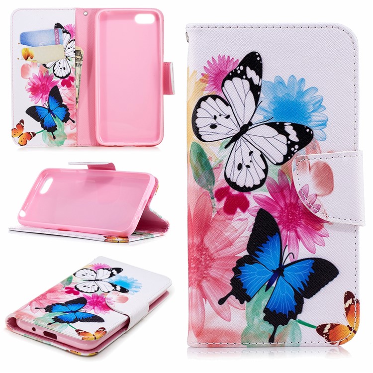 For Huawei Y5 Prime (2018) / Y5 (2018) Pattern Printing Leather Wallet Stand Casing Cover - Butterflies and Flowers-1