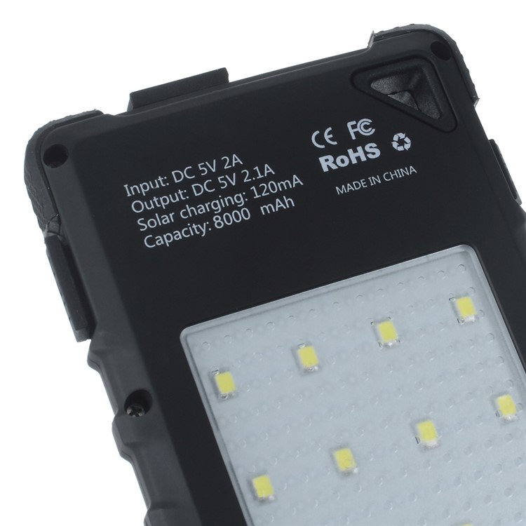 8000mah Impermeável Banco De Energia Solar USB Duplo Com Luzes LED Para Iphone Samsung HTC - Preto-9
