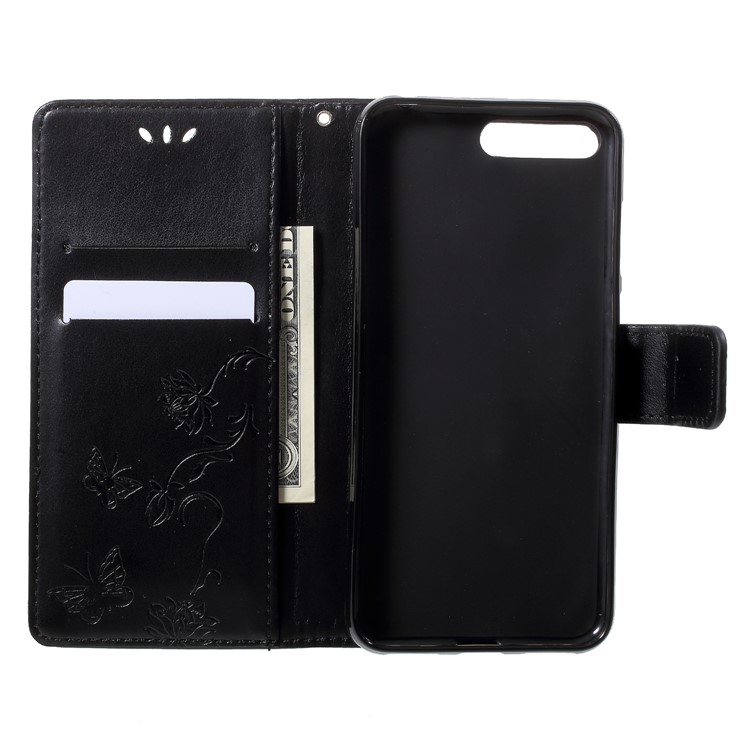 Imprint Butterfly Flower Wallet Stand Leather Flip Cover for Huawei Y6 (2018)/Honor 7A (without Fingerprint Sensor) - Black-5