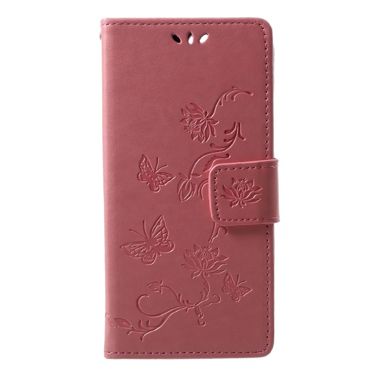 Imprint Butterfly Flower Wallet Stand Leather Magnetic Cover Shell Для Huawei Y6 (2018)/Honor 7a (без Датчика Отпечатков Пальцев) - Розовый