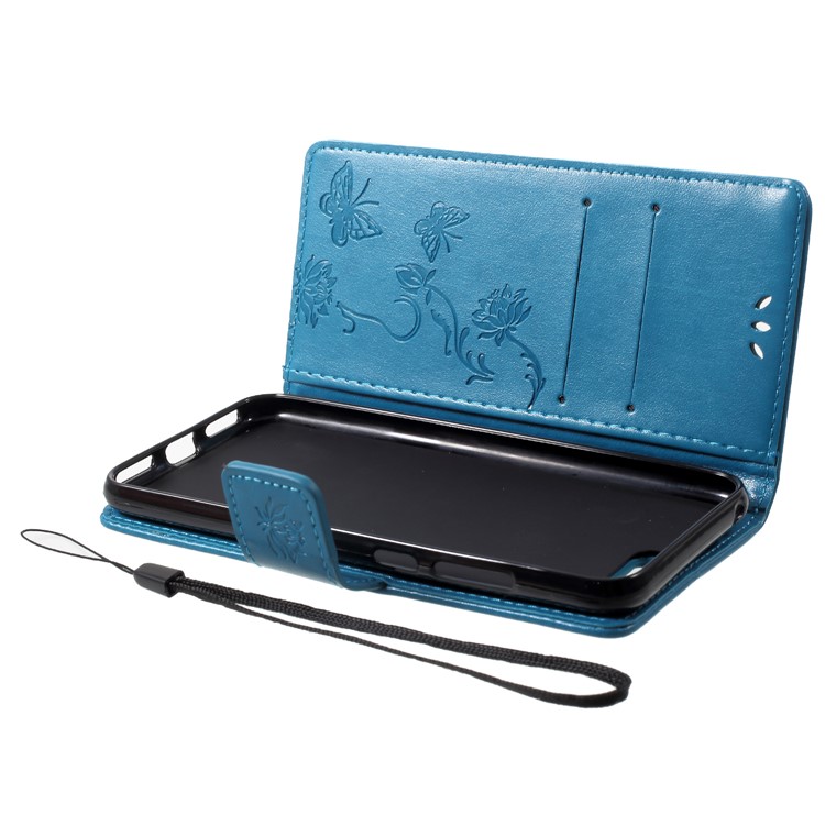 Impressão Borboleta Flor Carteira De Couro Ficar Cellphone Case Para Huawei Y6 (2018) / Honor 7a (sem Sensor De Impressão Digital) - Azul-5
