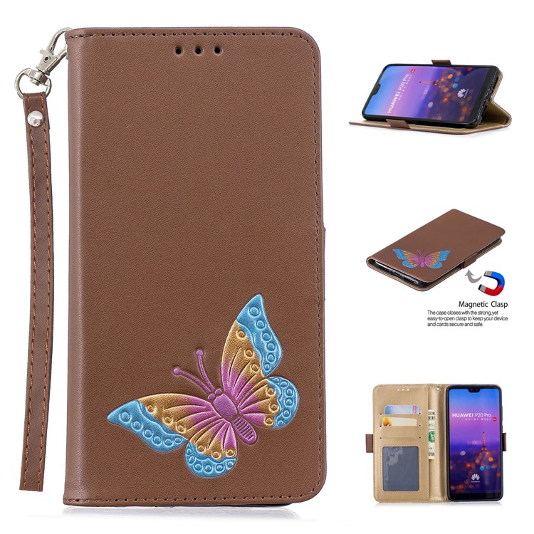 For Huawei P20 Pro Butterfly Pattern Leather Wallet Stand Cell Phone Shell - Brown-1