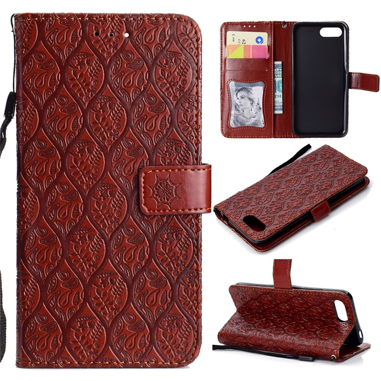 Imprint Leaf Leather Stand Wallet Phone Case Accessory for Huawei Honor 10 - Brown-1