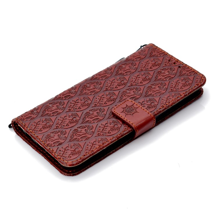 Imprint Leaf Leather Stand Wallet Phone Case Accessory for Huawei Honor 10 - Brown-7