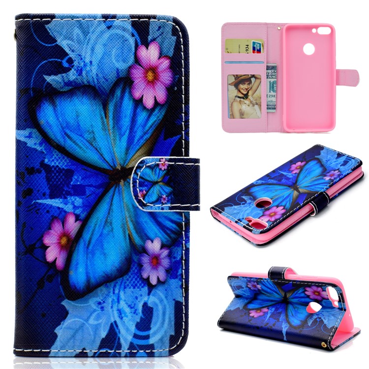 Pattern Printing Wallet Leather Stand Mobile Cover for Huawei Honor 7C / Enjoy 8 - Blue Butterfly and Flower-1