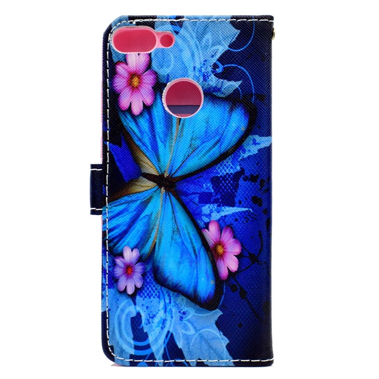 Pattern Printing Wallet Leather Stand Mobile Cover for Huawei Honor 7C / Enjoy 8 - Blue Butterfly and Flower-3