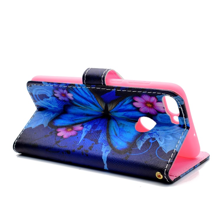 Pattern Printing Wallet Leather Stand Mobile Cover for Huawei Honor 7C / Enjoy 8 - Blue Butterfly and Flower-4