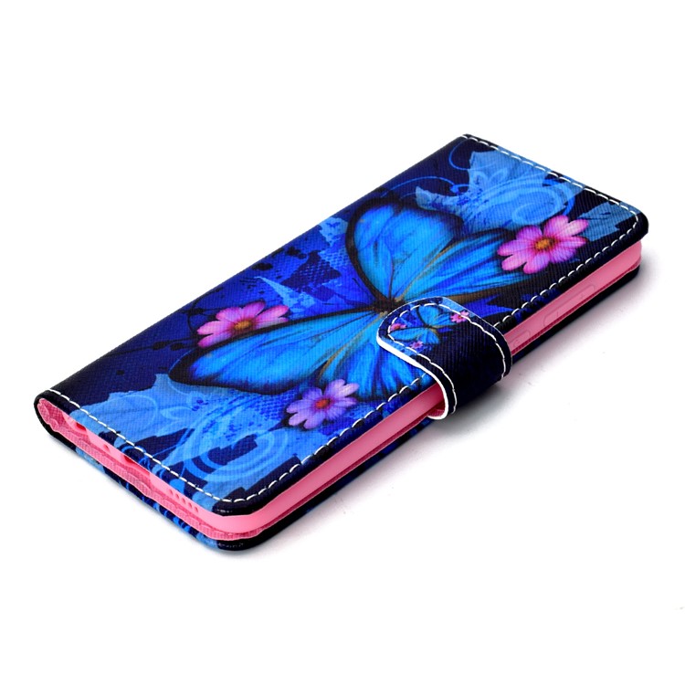 Pattern Printing Wallet Leather Stand Mobile Cover for Huawei Honor 7C / Enjoy 8 - Blue Butterfly and Flower-5