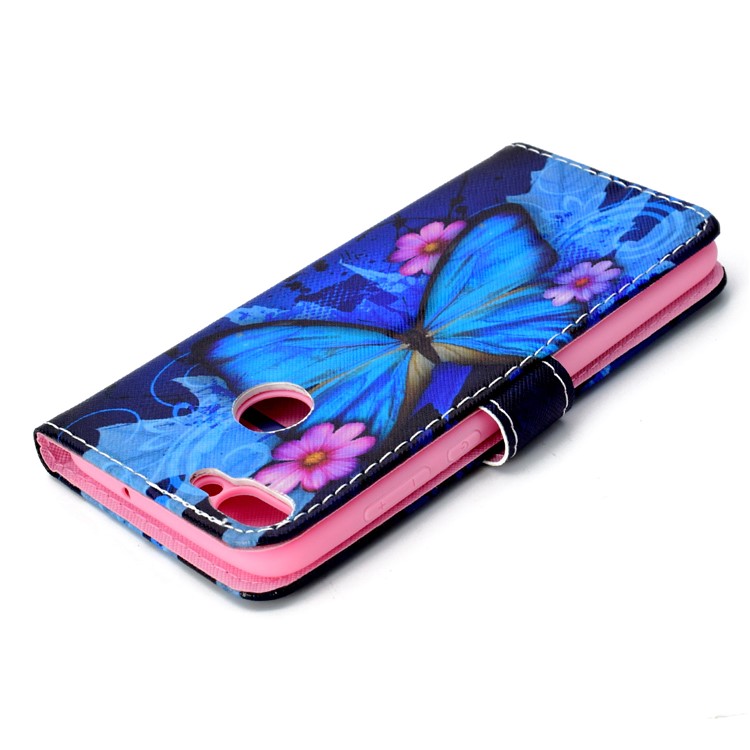 Pattern Printing Wallet Leather Stand Mobile Cover for Huawei Honor 7C / Enjoy 8 - Blue Butterfly and Flower-6